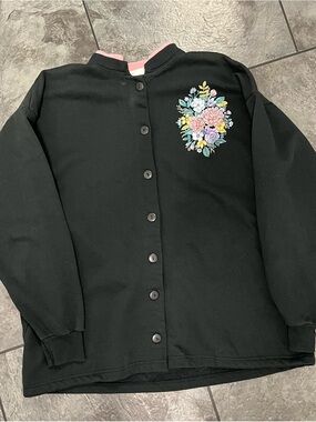 Black Floral-Embroidered Button-Front Girls' Sweatshirt Jacket
